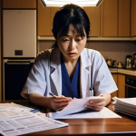 **

A woman looking worried but determined, sitting at her kitchen table at night.  Scattered around her are papers (medical reports, insurance documents) and a laptop displaying a medical website.  The overall mood is anxious but with a hint of resolve.  Japanese text elements in the documents. Soft, warm lighting with shadows.

**