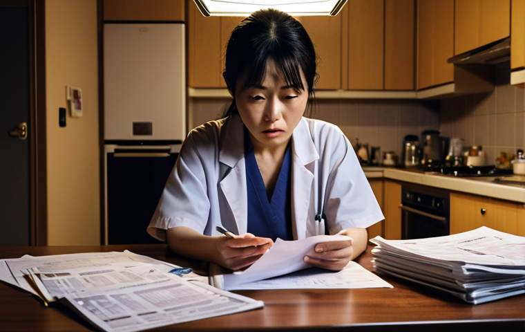 **

A woman looking worried but determined, sitting at her kitchen table at night.  Scattered around her are papers (medical reports, insurance documents) and a laptop displaying a medical website.  The overall mood is anxious but with a hint of resolve.  Japanese text elements in the documents. Soft, warm lighting with shadows.

**