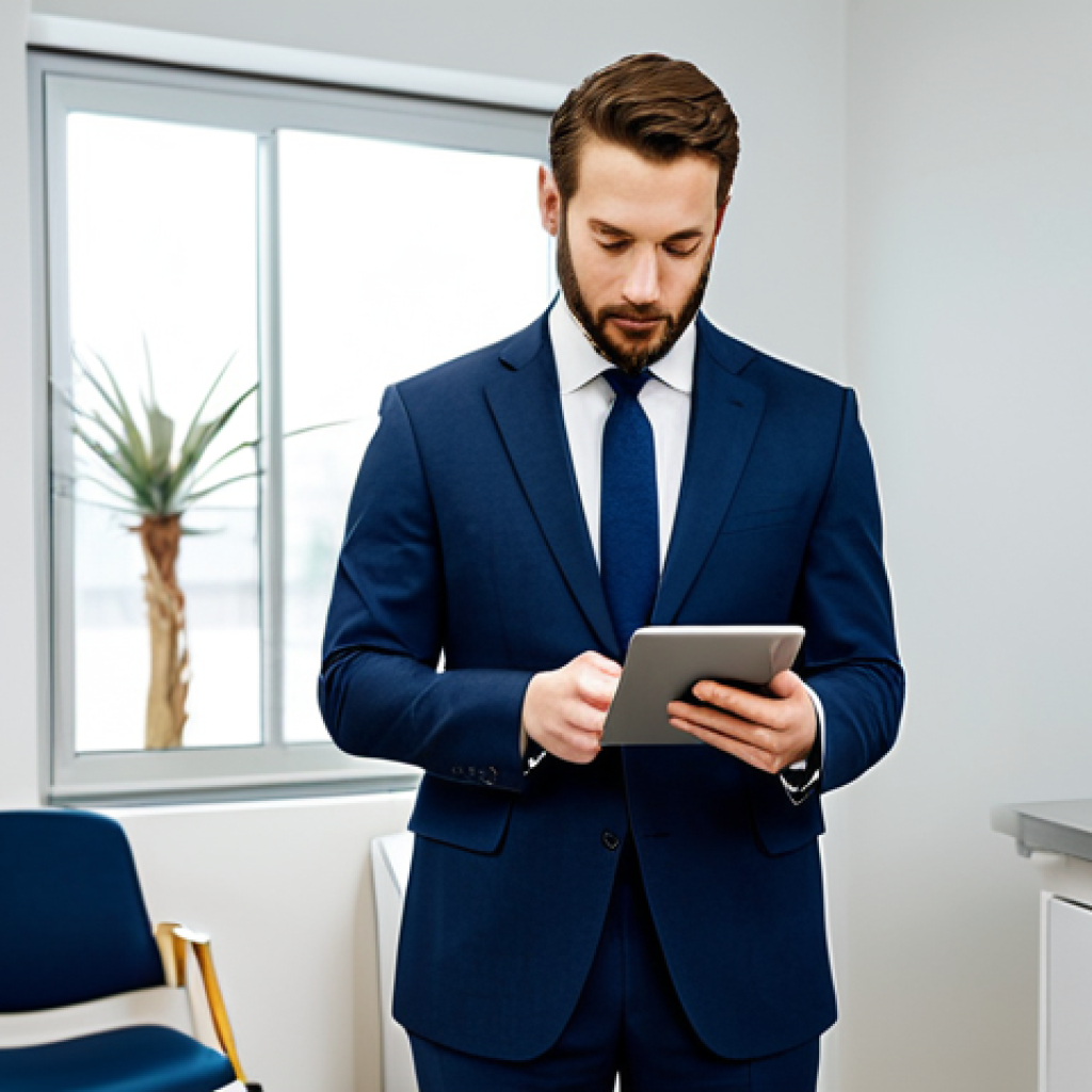 A professional man in a modest business suit, thoughtfully reviewing information on a digital tablet in a clean, modern medical clinic waiting area. The setting emphasizes a calm and informed approach to health screening. The scene is well-lit, focusing on a clear, professional atmosphere. Perfect anatomy, correct proportions, natural pose, well-formed hands, proper finger count, natural body proportions, fully clothed, modest clothing, appropriate attire, professional dress, safe for work, appropriate content, family-friendly.