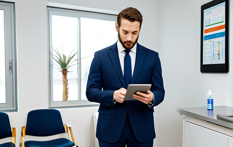 A professional man in a modest business suit, thoughtfully reviewing information on a digital tablet in a clean, modern medical clinic waiting area. The setting emphasizes a calm and informed approach to health screening. The scene is well-lit, focusing on a clear, professional atmosphere. Perfect anatomy, correct proportions, natural pose, well-formed hands, proper finger count, natural body proportions, fully clothed, modest clothing, appropriate attire, professional dress, safe for work, appropriate content, family-friendly.