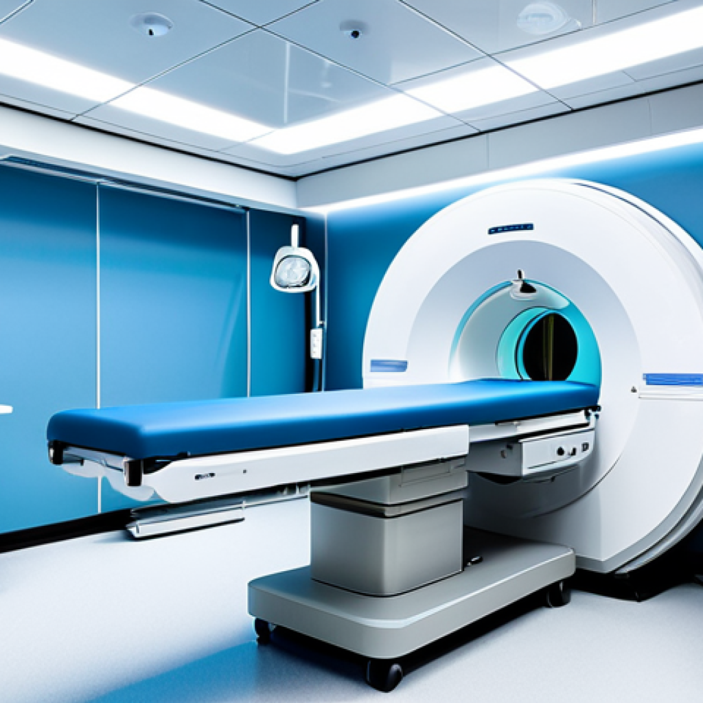 A sophisticated, cutting-edge linear accelerator machine for radiation therapy, centrally positioned in a pristine, futuristic treatment room. The environment features clean architectural lines, soft ambient lighting in cool blue and white tones, emphasizing a sterile and advanced medical setting. A focused, glowing beam of light subtly emanates from the machine, symbolizing precision and technological advancement. Professional photography, high-definition, cinematic lighting, state-of-the-art medical equipment, perfect anatomy, correct proportions, safe for work, appropriate content, fully clothed, professional.