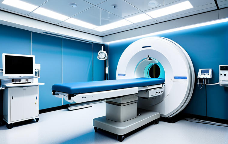A sophisticated, cutting-edge linear accelerator machine for radiation therapy, centrally positioned in a pristine, futuristic treatment room. The environment features clean architectural lines, soft ambient lighting in cool blue and white tones, emphasizing a sterile and advanced medical setting. A focused, glowing beam of light subtly emanates from the machine, symbolizing precision and technological advancement. Professional photography, high-definition, cinematic lighting, state-of-the-art medical equipment, perfect anatomy, correct proportions, safe for work, appropriate content, fully clothed, professional.