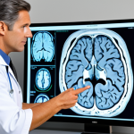 MRI Scan Visualization**

A detailed visualization of an MRI scan focusing on the brain. The image depicts a fully clothed doctor explaining the scan results to a patient in a professional and comforting manner. Modern medical office setting, appropriate attire, safe for work, perfect anatomy, natural proportions, professional medical illustration, high quality.

**