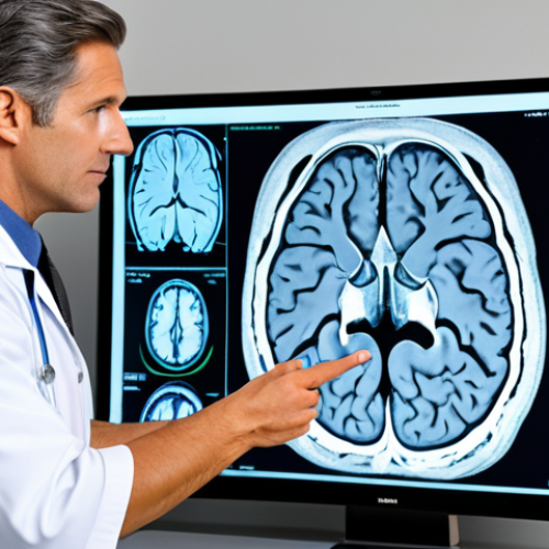 MRI Scan Visualization**

A detailed visualization of an MRI scan focusing on the brain. The image depicts a fully clothed doctor explaining the scan results to a patient in a professional and comforting manner. Modern medical office setting, appropriate attire, safe for work, perfect anatomy, natural proportions, professional medical illustration, high quality.

**