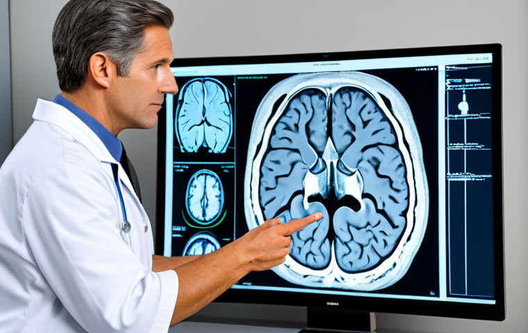 MRI Scan Visualization**

A detailed visualization of an MRI scan focusing on the brain. The image depicts a fully clothed doctor explaining the scan results to a patient in a professional and comforting manner. Modern medical office setting, appropriate attire, safe for work, perfect anatomy, natural proportions, professional medical illustration, high quality.

**