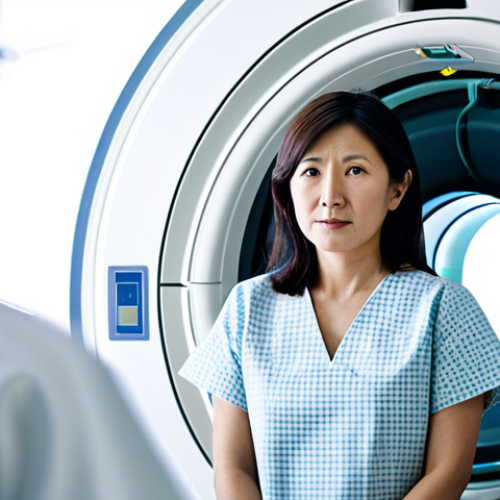 Focus on Chest CT Scan for Early Detection**

"A concerned-looking Japanese woman in her 40s, fully clothed in a hospital gown, undergoing a low-dose chest CT scan. The CT scanner is modern and sleek. Soft, diffused lighting. The image should convey a sense of preventative care and peace of mind. In the background, a blurred image of healthy lungs. Safe for work, appropriate content, fully clothed, professional, family-friendly, perfect anatomy, correct proportions, natural pose, well-formed hands, proper finger count, natural body proportions."

**