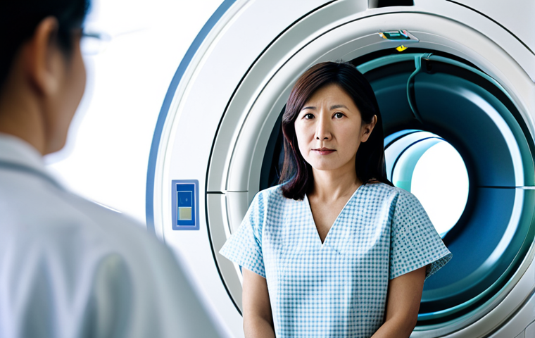 Focus on Chest CT Scan for Early Detection**

"A concerned-looking Japanese woman in her 40s, fully clothed in a hospital gown, undergoing a low-dose chest CT scan. The CT scanner is modern and sleek. Soft, diffused lighting. The image should convey a sense of preventative care and peace of mind. In the background, a blurred image of healthy lungs. Safe for work, appropriate content, fully clothed, professional, family-friendly, perfect anatomy, correct proportions, natural pose, well-formed hands, proper finger count, natural body proportions."

**
