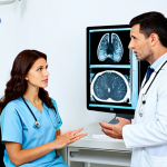 **

A friendly doctor in a clean, modern clinic is explaining a CT scan image to a concerned but hopeful patient. The patient is fully clothed and listening attentively. The CT scan image displays clear anatomical details. The scene is well-lit and professional. Safe for work, appropriate content, fully clothed, professional. Perfect anatomy, correct proportions, natural pose, well-formed hands, proper finger count, natural body proportions. High quality, professional photography.

**