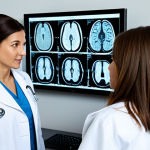 **MRI Brain Scan Explanation:** "A friendly female doctor, wearing a clean white coat, explaining MRI brain scan results to a concerned-looking but calm, fully clothed woman. The background is a bright, modern doctor's office. The image should convey reassurance and understanding. Safe for work, appropriate content, fully clothed, professional, perfect anatomy, natural proportions, high quality."