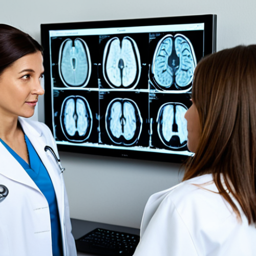 **MRI Brain Scan Explanation:** "A friendly female doctor, wearing a clean white coat, explaining MRI brain scan results to a concerned-looking but calm, fully clothed woman. The background is a bright, modern doctor's office. The image should convey reassurance and understanding. Safe for work, appropriate content, fully clothed, professional, perfect anatomy, natural proportions, high quality."