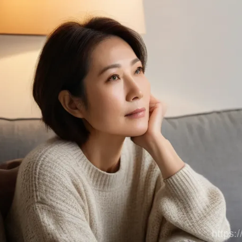 방사선 치료 장기 부작용 - A middle-aged Japanese woman, in her late 40s, sits quietly on a comfortable sofa in a softly lit, c...