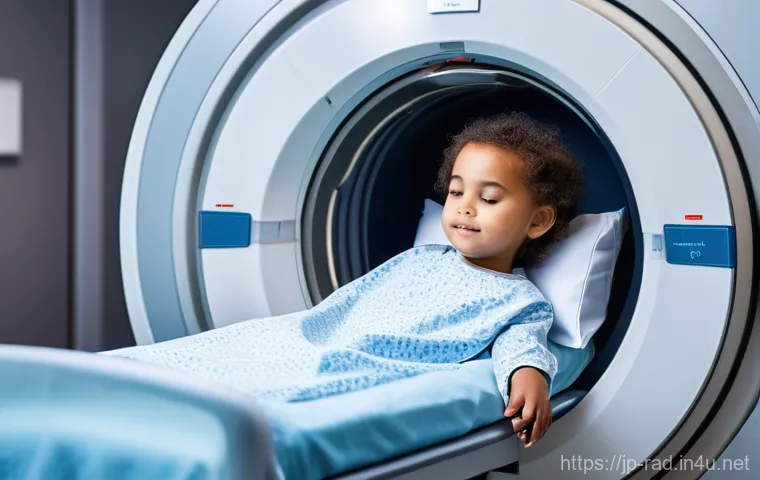소아 방사선 검사 기준 - **Prompt 1: Child undergoing MRI with parental support**
    A young child, approximately 6-8 years ...