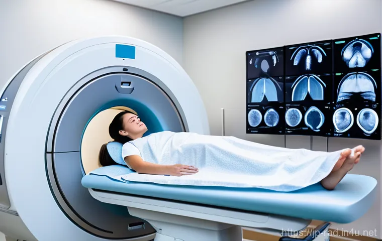 CT와 MRI 활용 사례 - **Prompt:** A patient in a sterile, brightly lit CT scan room, positioned comfortably on the scanner...
