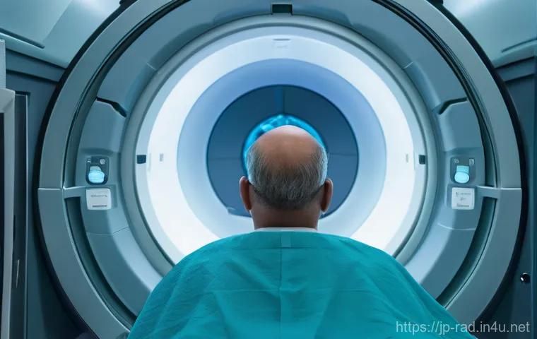 CT와 MRI 활용 사례 - **Prompt:** A patient in a sterile, brightly lit CT scan room, positioned comfortably on the scanner...