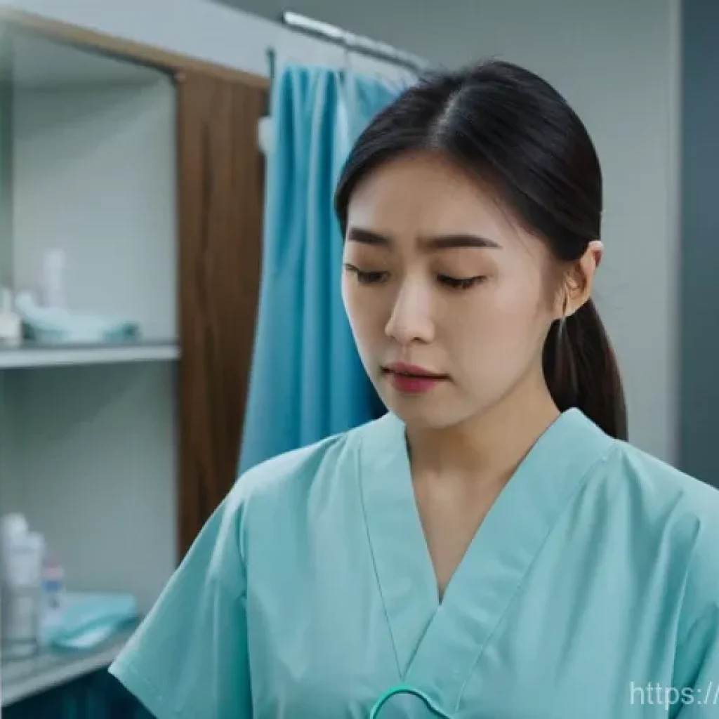 MRI 촬영 전 주의사항 - **Prompt:** A young Japanese woman stands in a bright, modern hospital changing room, looking down a...