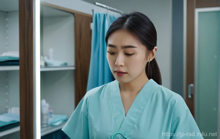 MRI 촬영 전 주의사항 - **Prompt:** A young Japanese woman stands in a bright, modern hospital changing room, looking down a...