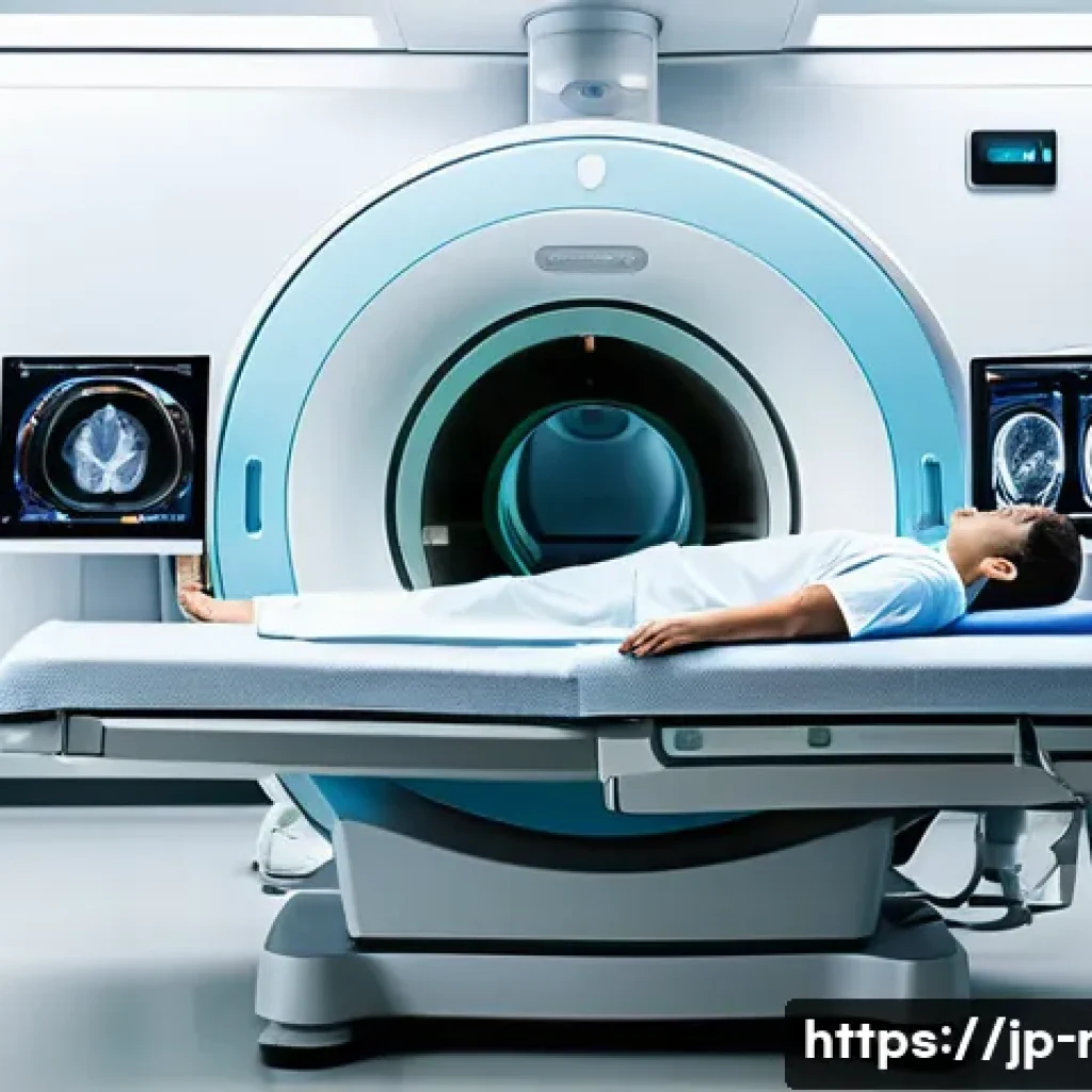 MRI 검사 정확도 - A detailed medical illustration of a modern 3 Tesla MRI machine in a hospital setting, showing a pat...