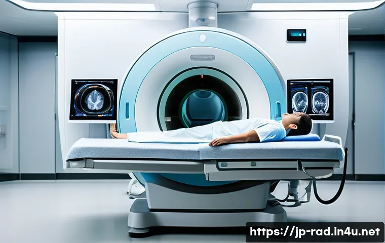 MRI 검사 정확도 - A detailed medical illustration of a modern 3 Tesla MRI machine in a hospital setting, showing a pat...