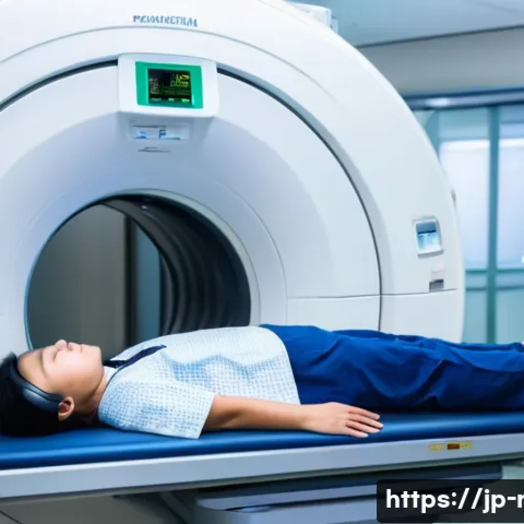 MRI 검사 후기 모음 - A calm and modern hospital MRI examination room scene featuring a young Japanese adult patient lying...