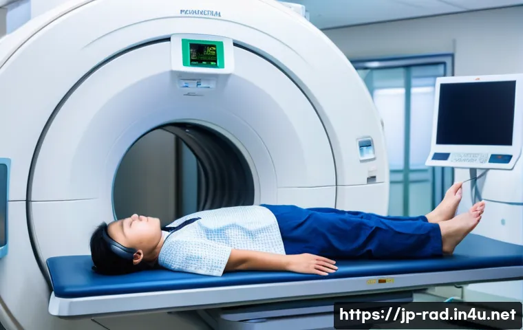 MRI 검사 후기 모음 - A calm and modern hospital MRI examination room scene featuring a young Japanese adult patient lying...
