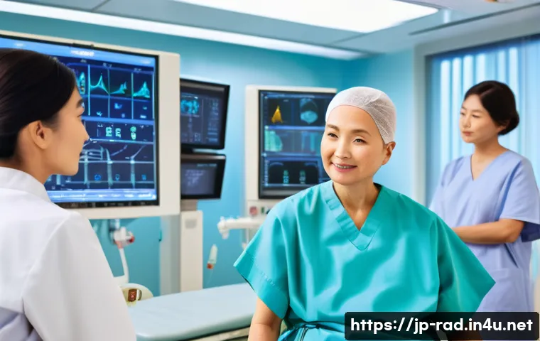 방사선 치료와 항암제 병용 효과 - A modern hospital oncology treatment room with advanced radiation therapy equipment and chemotherapy...