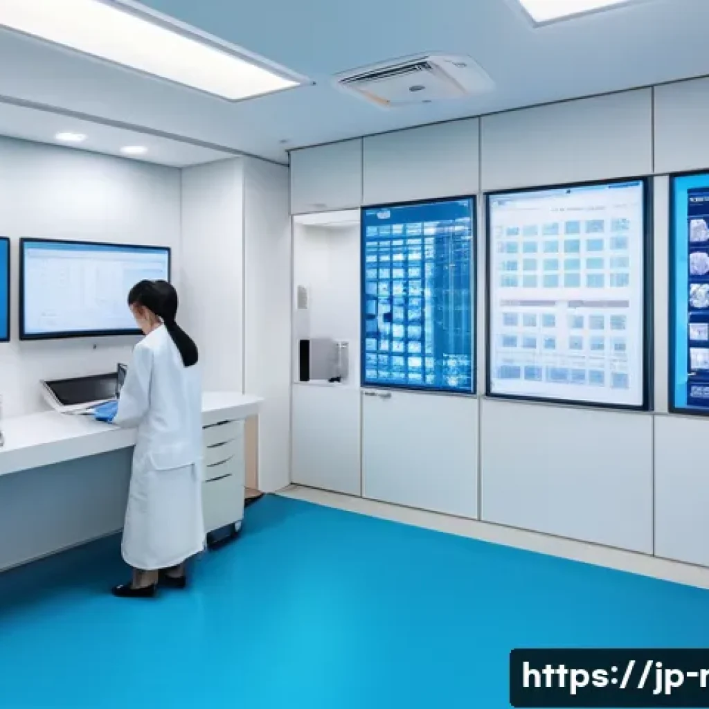 CT 스캔 의료보험 환급 기준 - A modern Japanese medical clinic interior with a patient consulting a doctor about CT scan costs and...