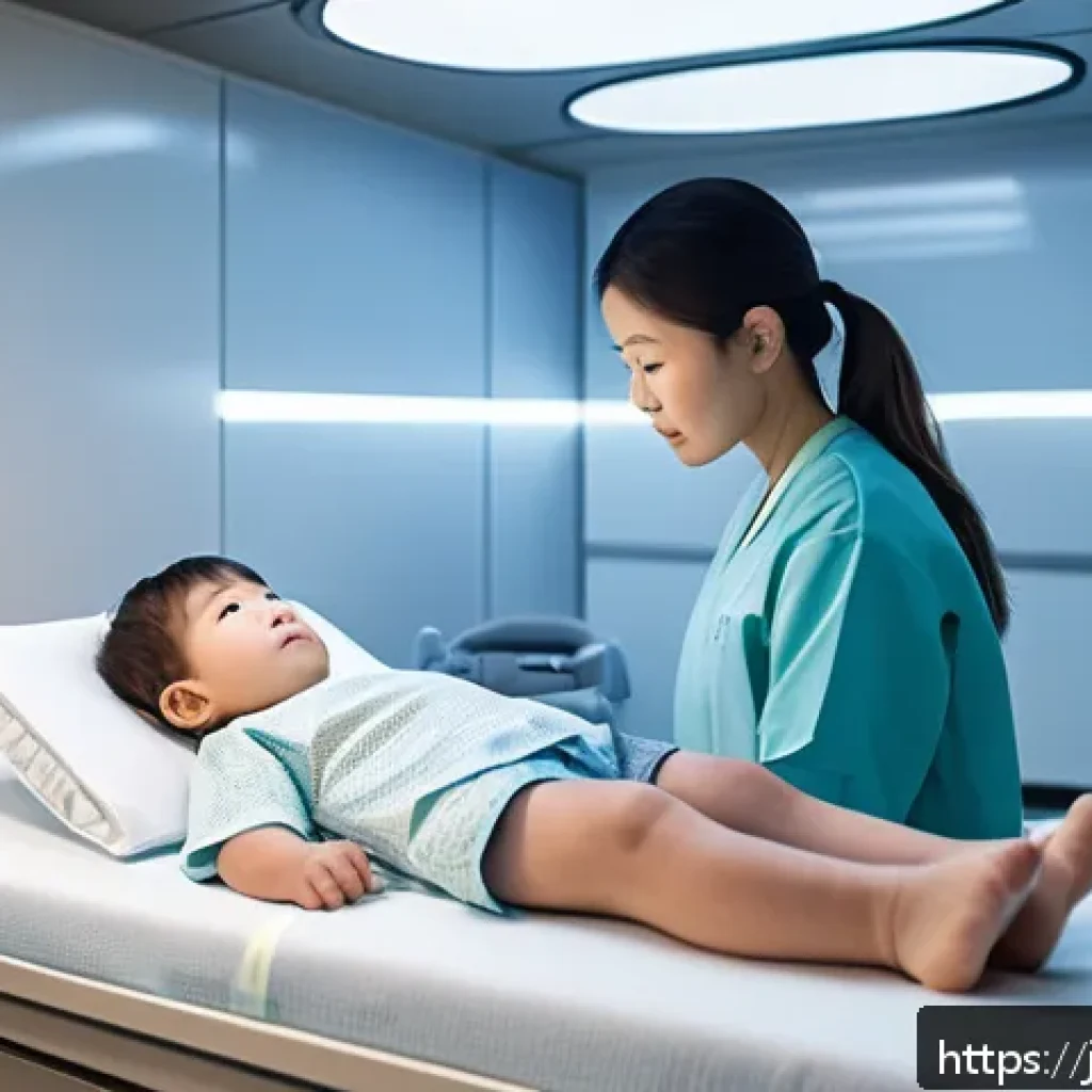 소아 방사선 치료 사례 - A futuristic pediatric radiation therapy room featuring a young child patient wearing a comfortable,...