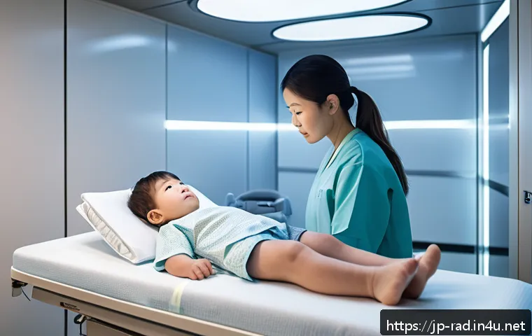 소아 방사선 치료 사례 - A futuristic pediatric radiation therapy room featuring a young child patient wearing a comfortable,...
