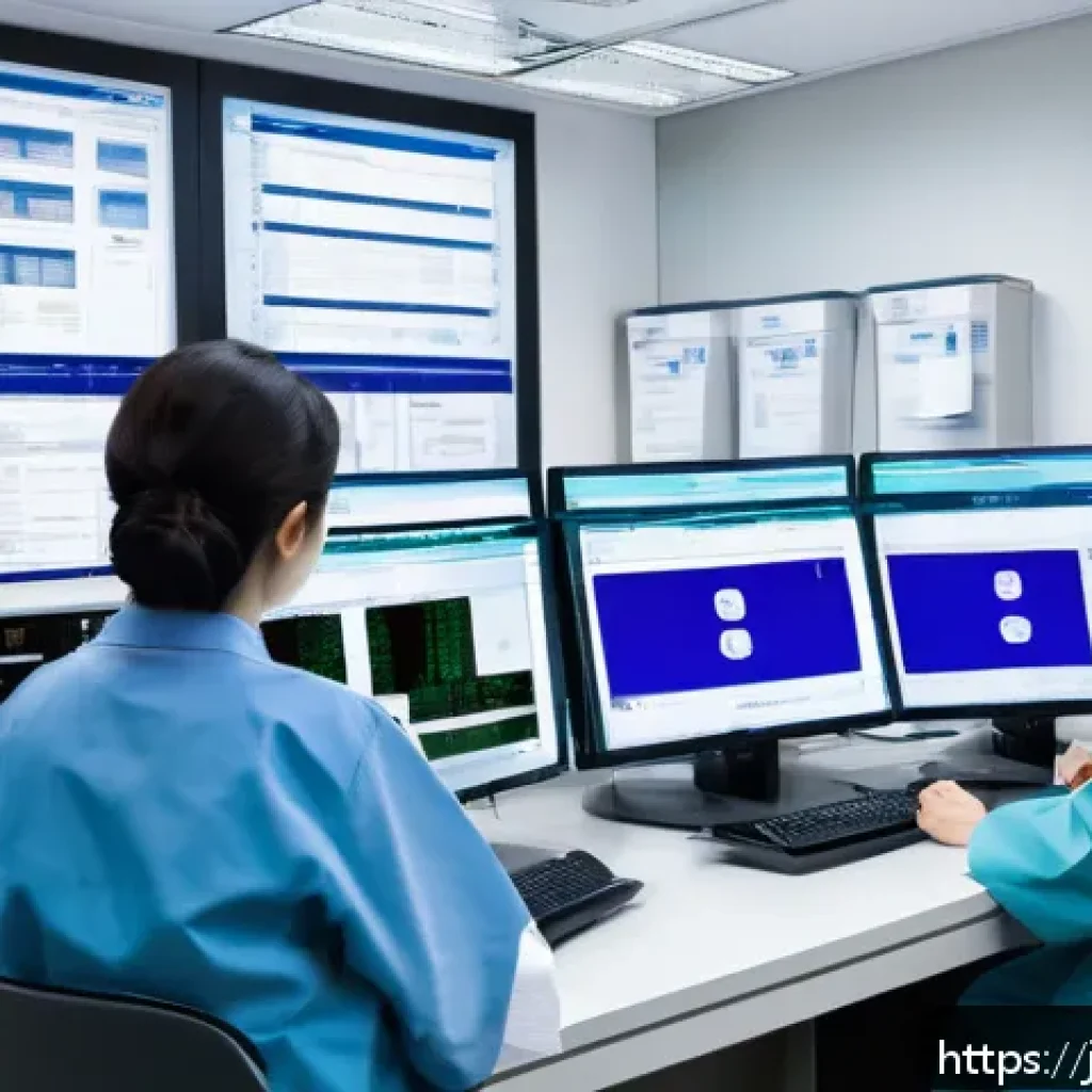 방사선 치료 의료보험 청구 - A modern Japanese hospital office scene focused on medical billing specialists reviewing radiation t...