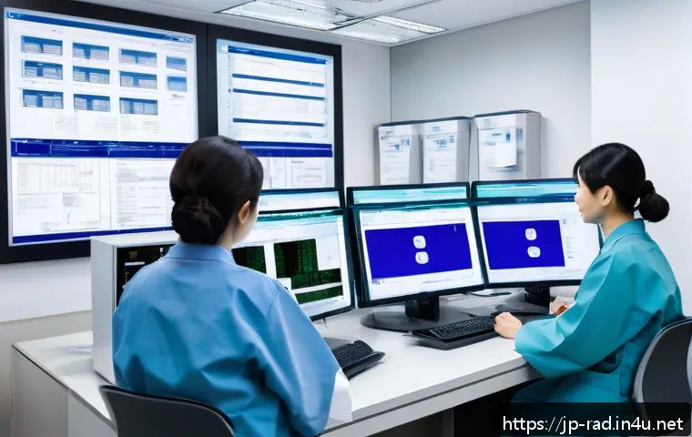 방사선 치료 의료보험 청구 - A modern Japanese hospital office scene focused on medical billing specialists reviewing radiation t...