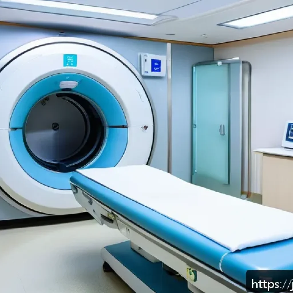 MRI와 CT 비용 비교 - A modern Japanese hospital examination room featuring an MRI machine with a patient lying on the sca...