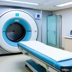 MRI와 CT 비용 비교 - A modern Japanese hospital examination room featuring an MRI machine with a patient lying on the sca...