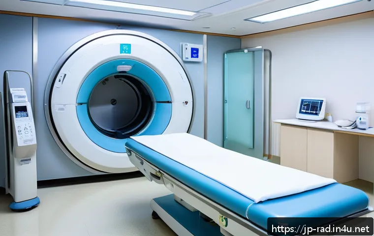 MRI와 CT 비용 비교 - A modern Japanese hospital examination room featuring an MRI machine with a patient lying on the sca...