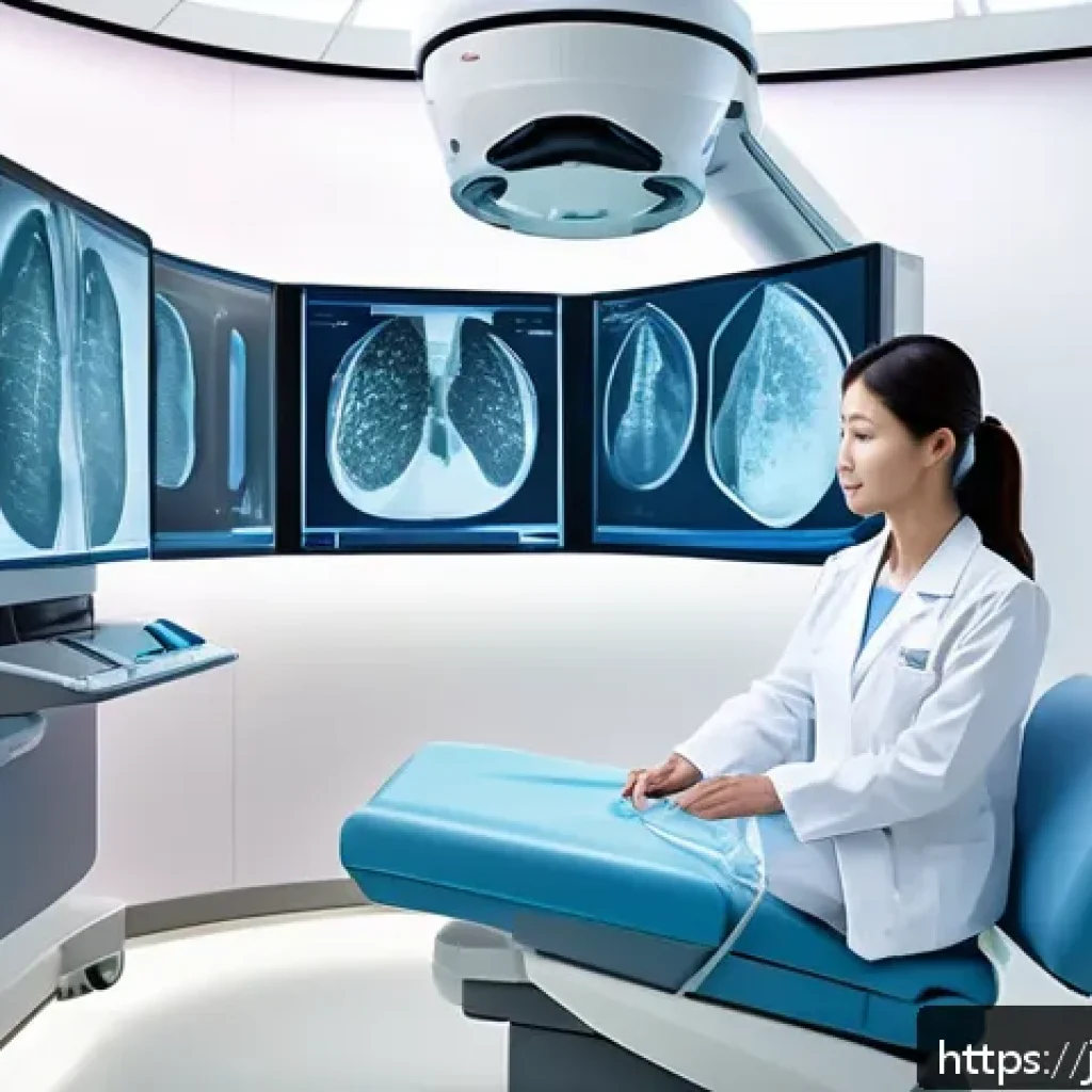 유방암 조기 진단 장비 리뷰 - A futuristic medical examination room featuring a high-resolution 3D mammography machine with tomosy...