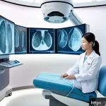 유방암 조기 진단 장비 리뷰 - A futuristic medical examination room featuring a high-resolution 3D mammography machine with tomosy...