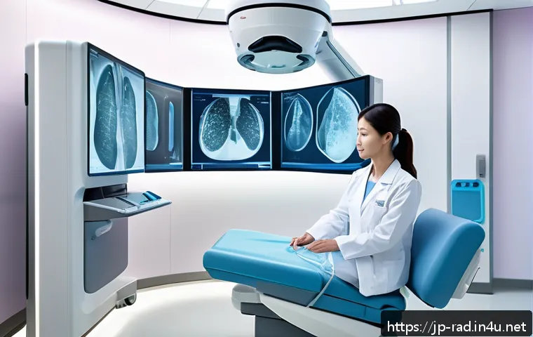 유방암 조기 진단 장비 리뷰 - A futuristic medical examination room featuring a high-resolution 3D mammography machine with tomosy...