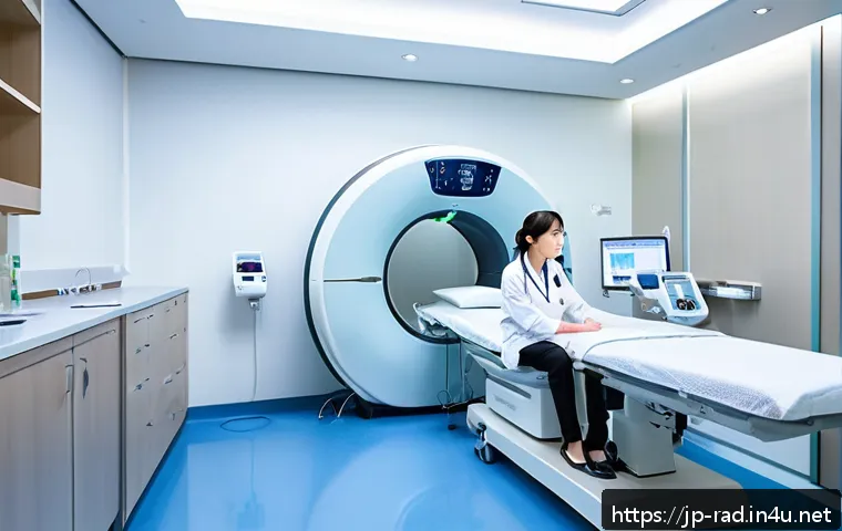 CT 스캔과 방사선 노출량 비교 - A modern medical clinic room with a state-of-the-art low-dose CT scanner, bright and clean environme...