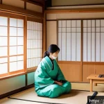 방사선 노출 위험 관리 - A modern Japanese home interior with a family practicing radiation safety measures: a mother opening...