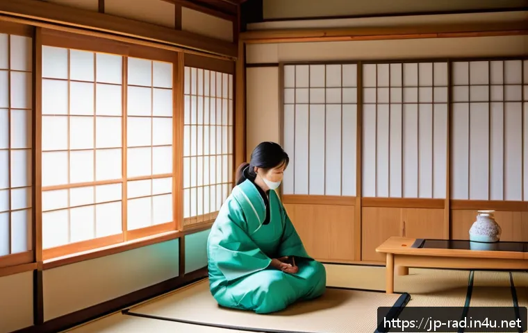 방사선 노출 위험 관리 - A modern Japanese home interior with a family practicing radiation safety measures: a mother opening...