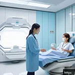 방사선 치료 장단점 - A futuristic hospital radiation therapy room featuring advanced AI and robotic technology, with a sl...