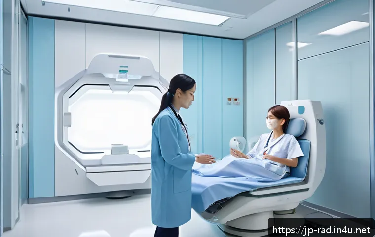 방사선 치료 장단점 - A futuristic hospital radiation therapy room featuring advanced AI and robotic technology, with a sl...