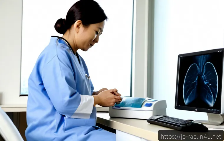 폐암 CT 스캔 비용 - Photorealistic hospital radiology consultation, a middle-aged Japanese patient in everyday clothing ...