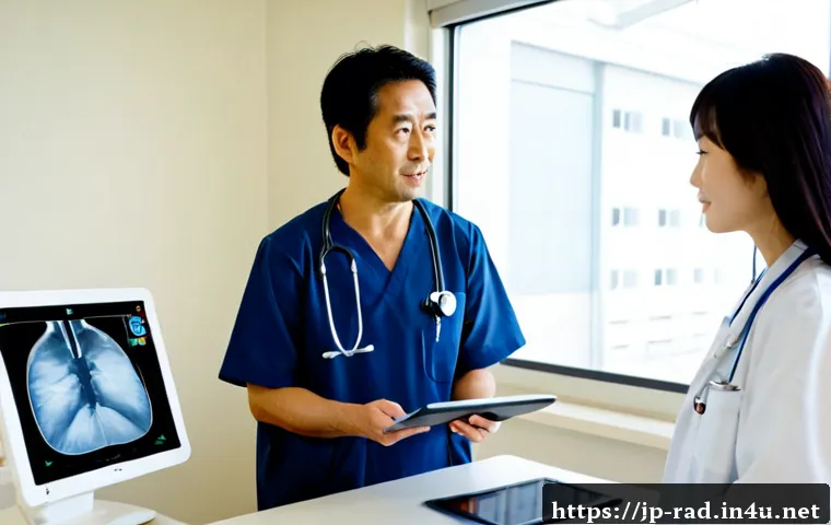 갑상선암 CT 진단 비용 - Photorealistic Japanese hospital consultation room, middle-aged patient in modest casual clothing sp...