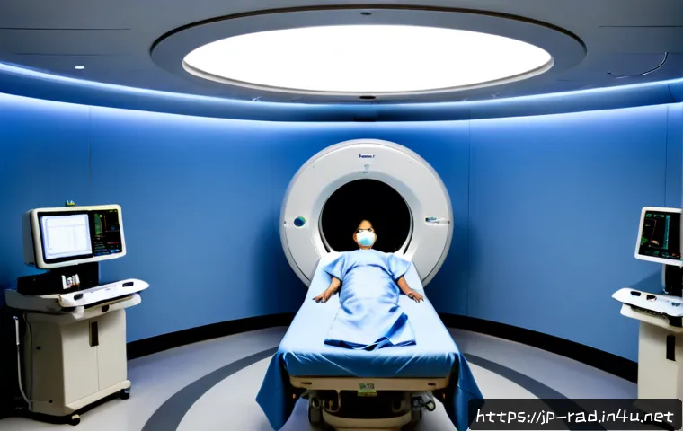 방사선 치료 최신 동향 - Photorealistic modern radiation therapy suite in a leading Japanese hospital, advanced linear accele...