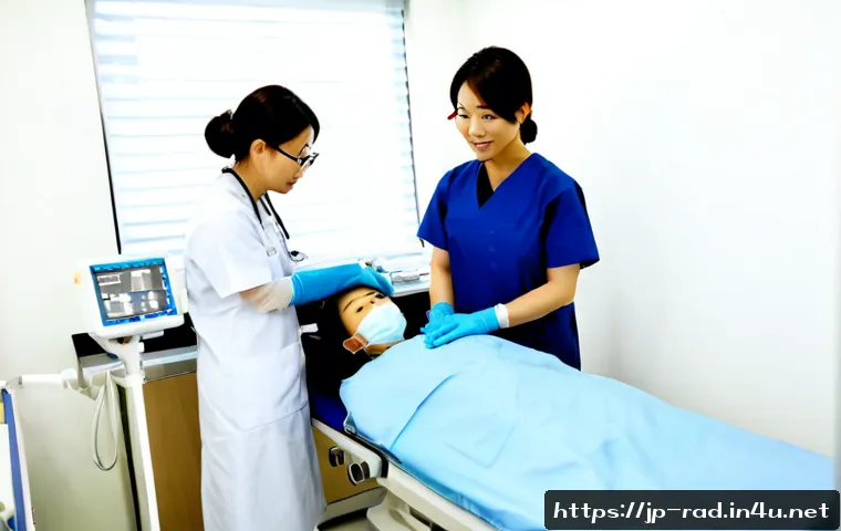 방사선 안전 지침 - Photorealistic hospital radiology room, professional radiologic technologist wearing protective lead...